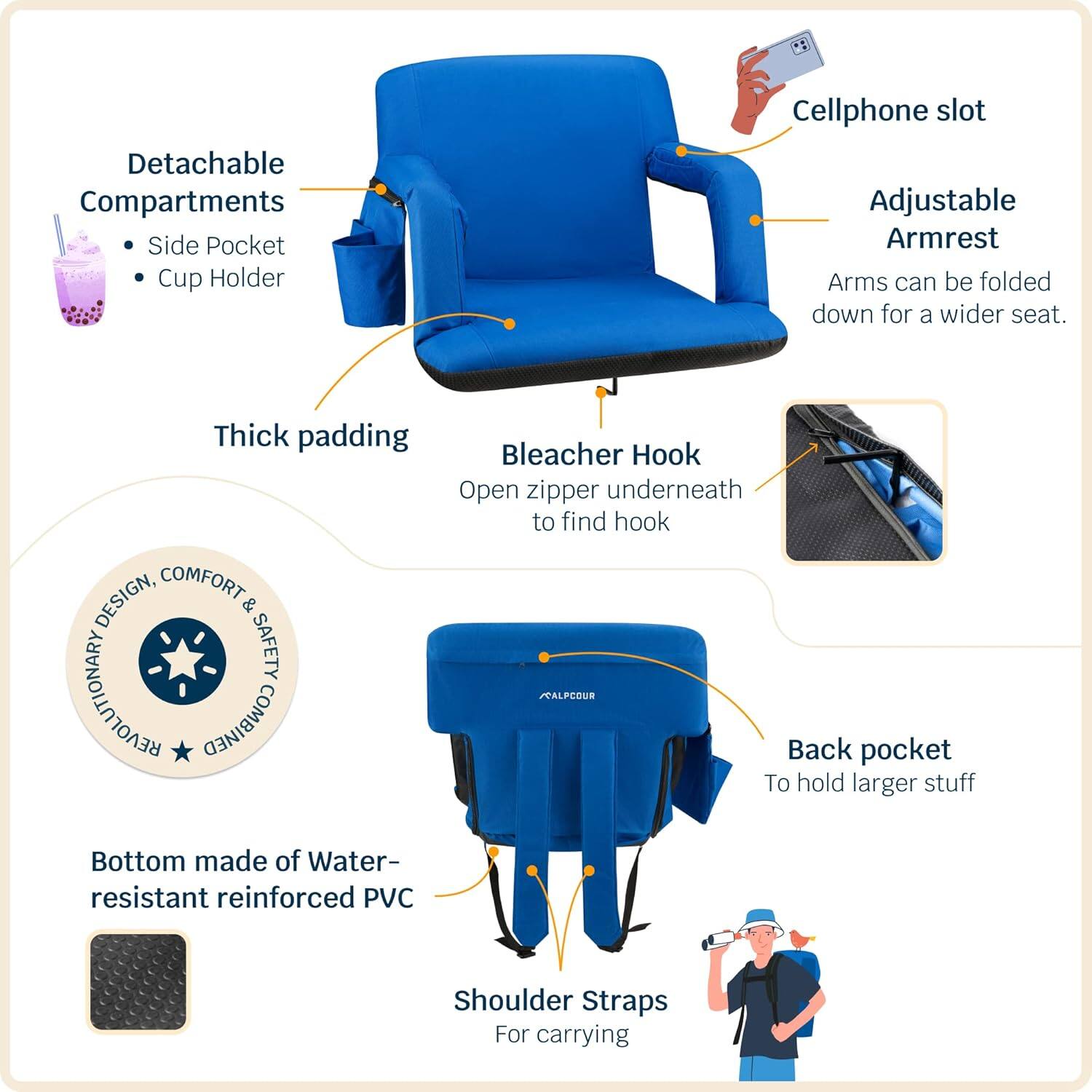 - Detachable Compartments
  - Side Pocket
  - Cup Holder

- Thick padding

- Adjustable Armrest
  - Arms can be folded down for a wider seat.

- Cellphone slot

- Bleacher Hook
  - Open zipper underneath to find hook

- Back pocket
  - To hold larger stuff

- Bottom made of Water-resistant reinforced PVC

- Shoulder Straps
  - For carrying

- DESIGN, COMFORT & SAFETY REVOLUTIONARY PALPCOUR COMBINED