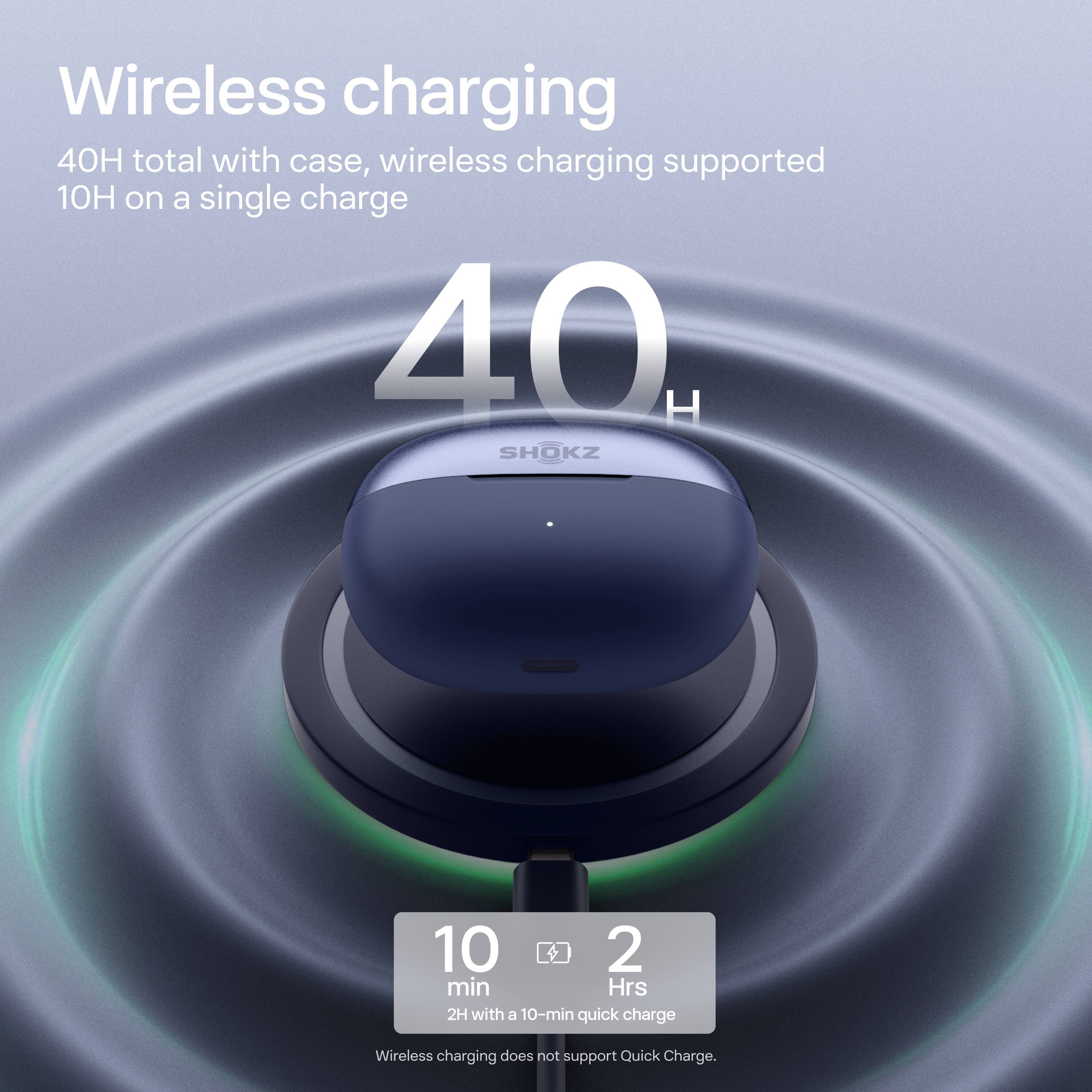 Wireless charging  
40H total with case, wireless charging supported  
10H on a single charge  

40H  

10 min  
2 Hrs  
2H with a 10-min quick charge  

Wireless charging does not support Quick Charge.