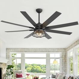 Breezary - 65-Inch Ceiling Fan with Cage Light, 8 Plywood Blades, DC Motor, Angled Mount, Downrod Included,High Airflow Performance - Black