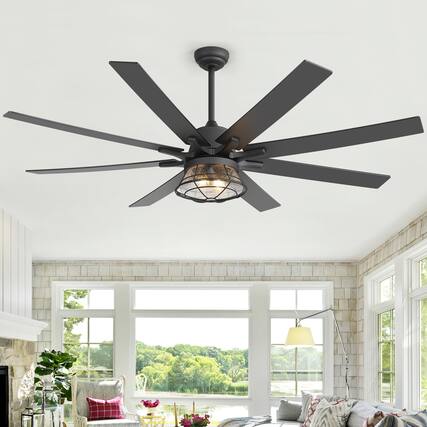 Front. Breezary - 65-Inch Ceiling Fan with Cage Light, 8 Plywood Blades, DC Motor, Angled Mount, Downrod Included,High Airflow Performance - Black.