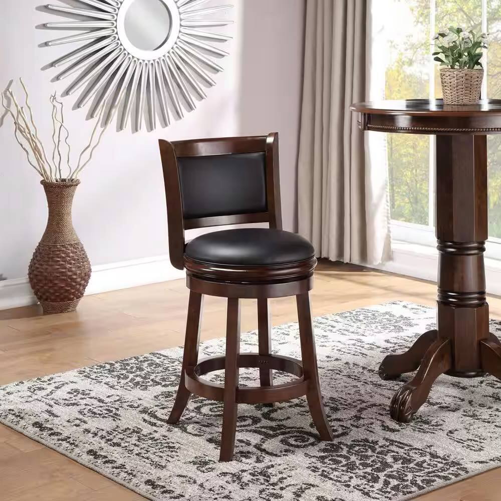Front. Hivvago - Counter Height Barstool in Dark Brown Wood Finish with Black Padded Swivel Seat - Brown.
