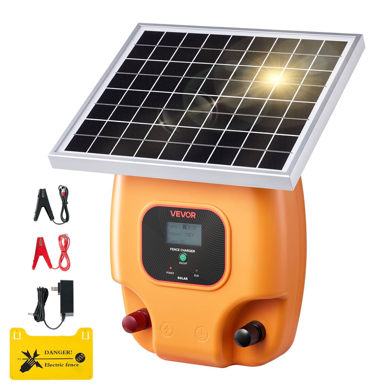VEVOR - Solar Fence Charger,1J 10kV Solar Powered Fence Charger,1.86 Miles Range,Electric Fence Energizer Kit,Keep Out Predators - orange color