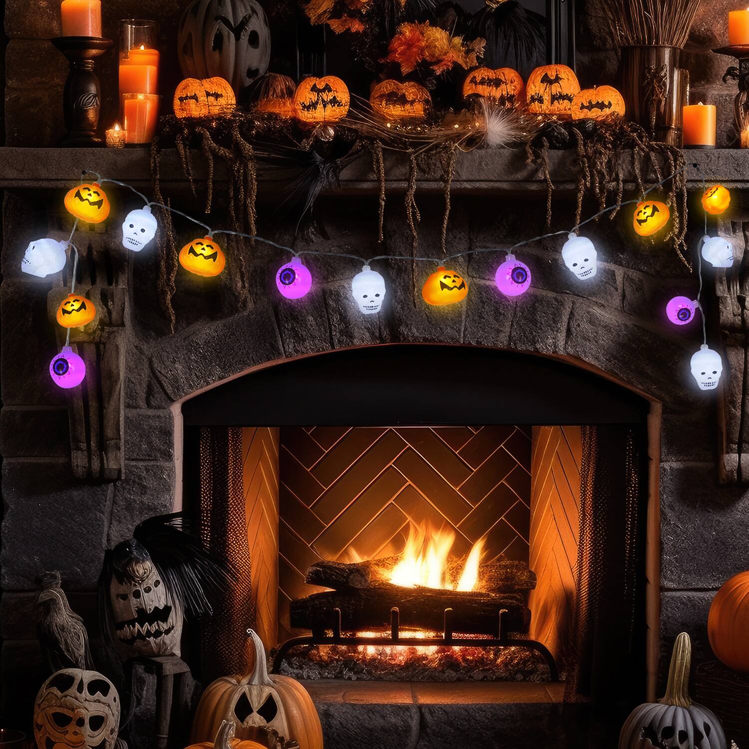 Alt View 3. Oumilen - Halloween String Lights, 2M 10-LED Battery Operated Decorative Lights Pumpkin Skull Eyeball Warm White Purple Party - Multicolor.