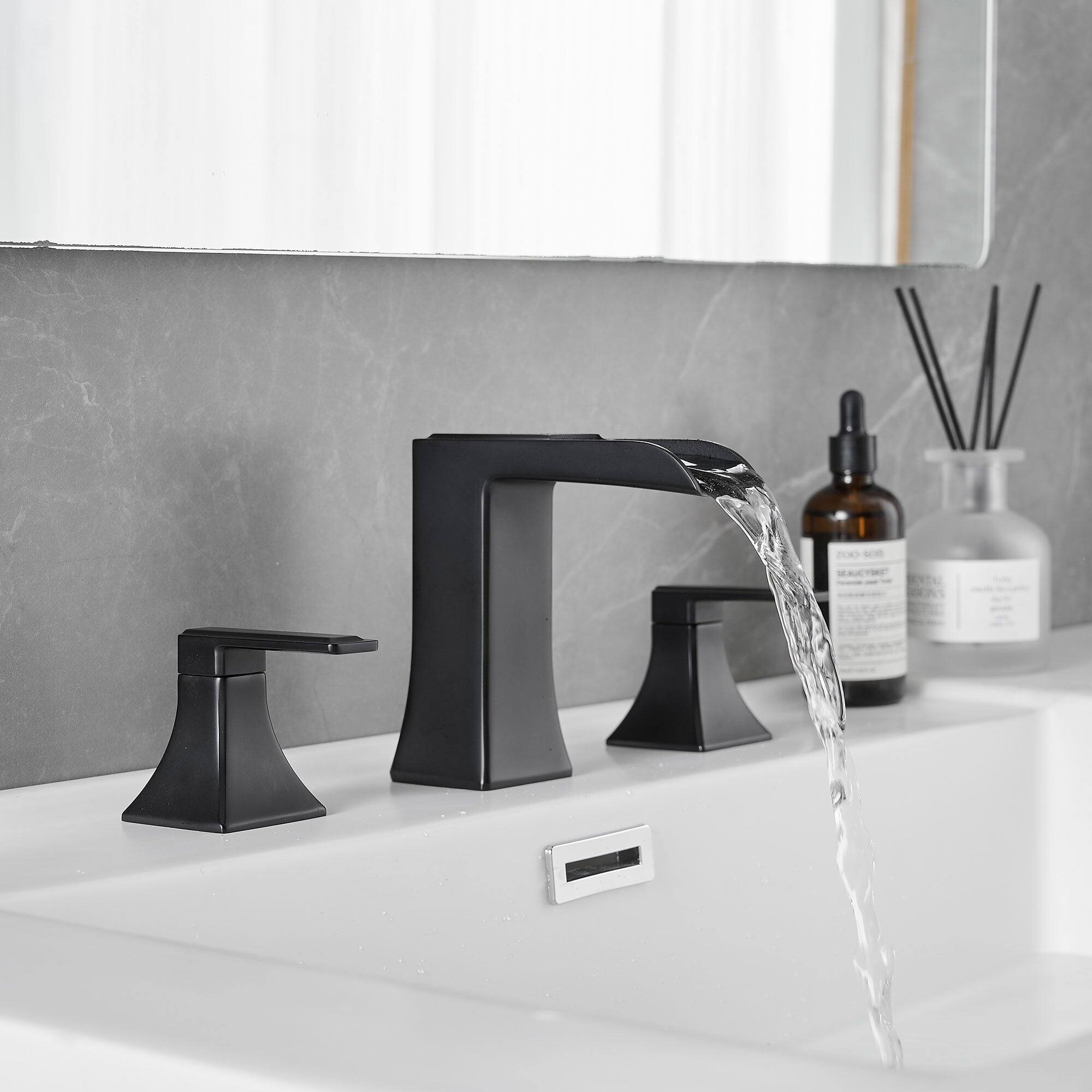 Left. Boyel Living - Modern 8 Inch Widespread Double Handle Brass Bathroom Faucet with Pop Up Drain and Water Supply Hoses in Matte Black - Matte Black.