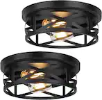 Front. Nordic Hygge - 2-Light Flush Mount Ceiling Light Fixtures, 2-Pack Farmhouse Black Ceiling Lights, Industrial Metal Cage - Black.