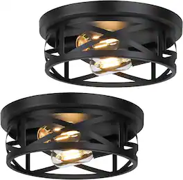 Nordic Hygge - 2-Light Flush Mount Ceiling Light Fixtures, 2-Pack Farmhouse Ceiling Lights, Industrial Metal Cage - Black