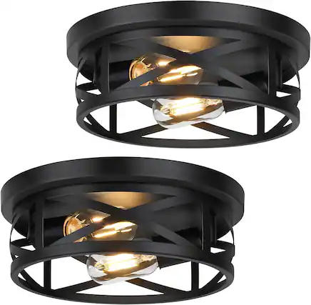 Front. Nordic Hygge - 2-Light Flush Mount Ceiling Light Fixtures, 2-Pack Farmhouse Black Ceiling Lights, Industrial Metal Cage - Black.