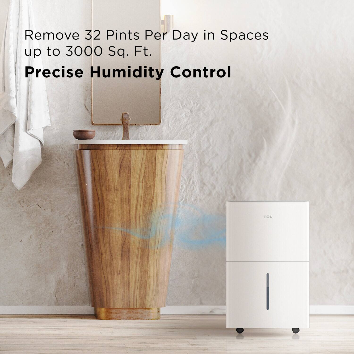 Remove 32 pints of moisture per day in spaces up to 3000 sq. ft. with precise humidity control from TCL.