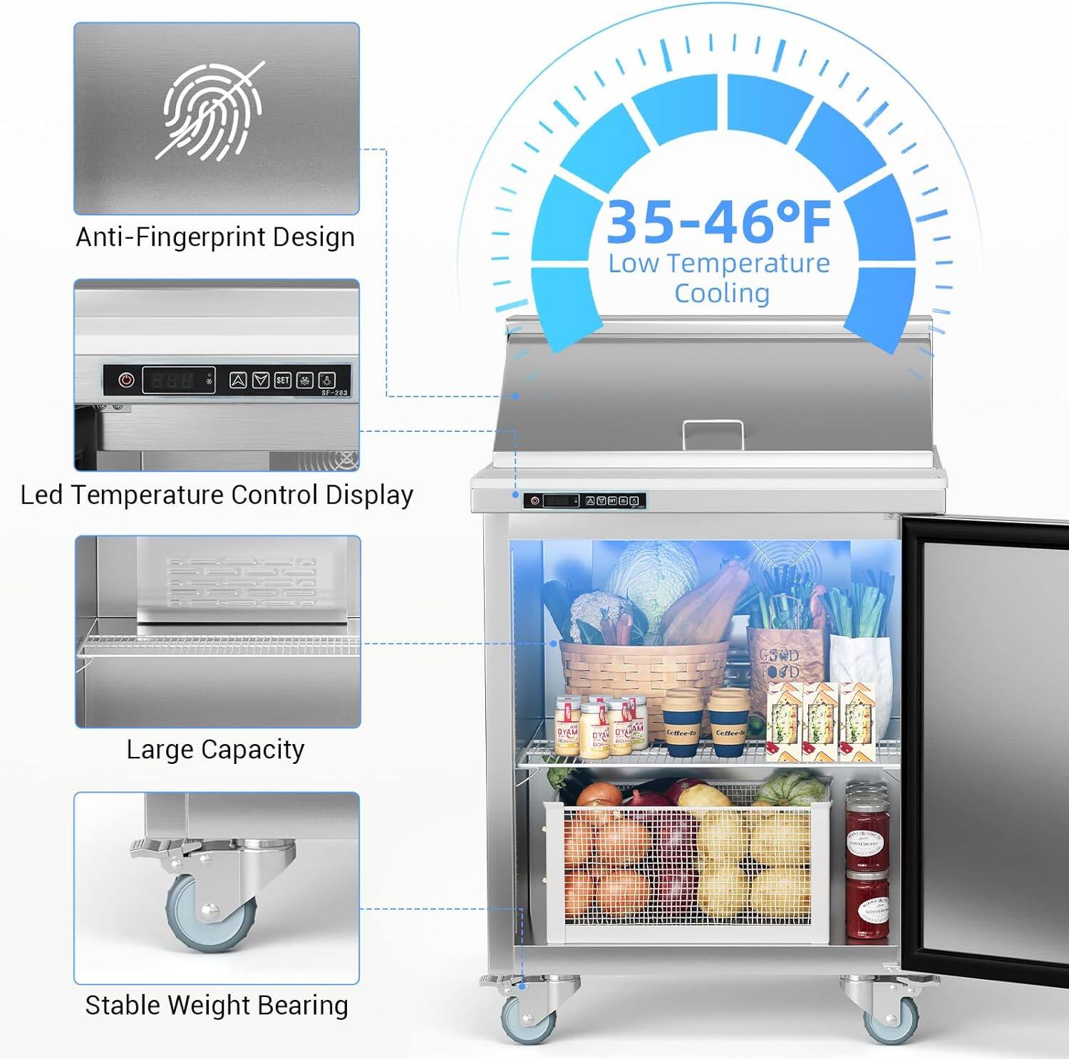 - Anti-Fingerprint Design
- 35-46°F Low Temperature Cooling
- Led Temperature Control Display
- Large Capacity
- Stable Weight Bearing