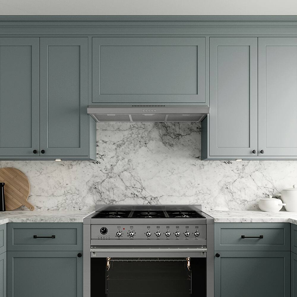 Left. Streamline - 36 in. Ferrara Ducted Undermount 80 CFM Range Hood, Mesh Filters, Push Button Control, LED Light - Brushed Stainless Steel.