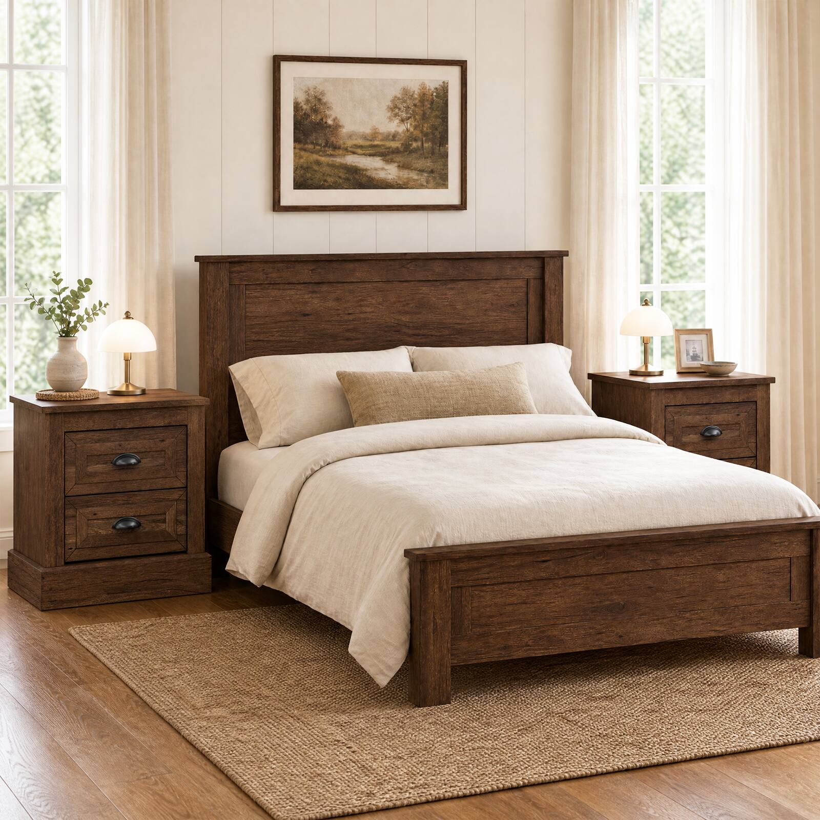 Alt View 1. Gymax - Gymax 2PCS Farmhouse Nightstand w/ 2 Large Drawers and Metal Handles Elevated Base Brown - Brown.