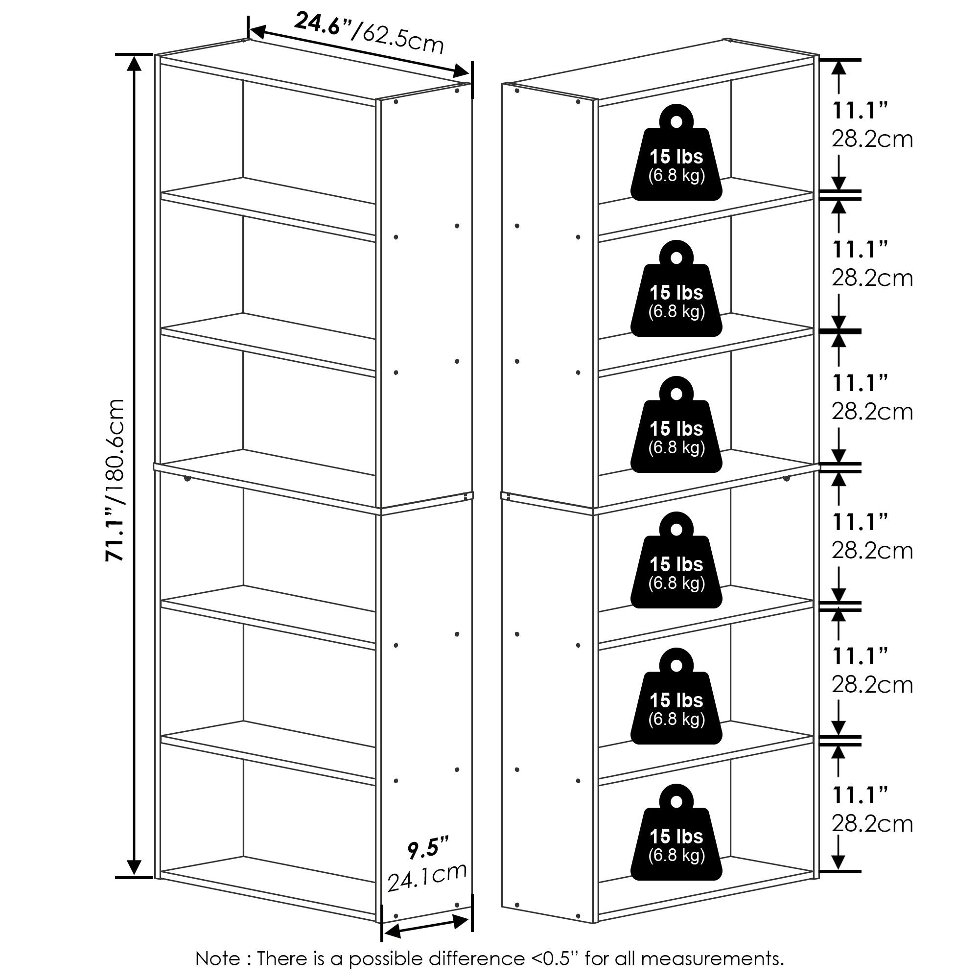 24.6" / 62.5cm  
71.1" / 180.6cm  
9.5" / 24.1cm  
11.1" / 28.2cm  
15 lbs (6.8 kg)  
Note: There is a possible difference <0.5" for all measurements.