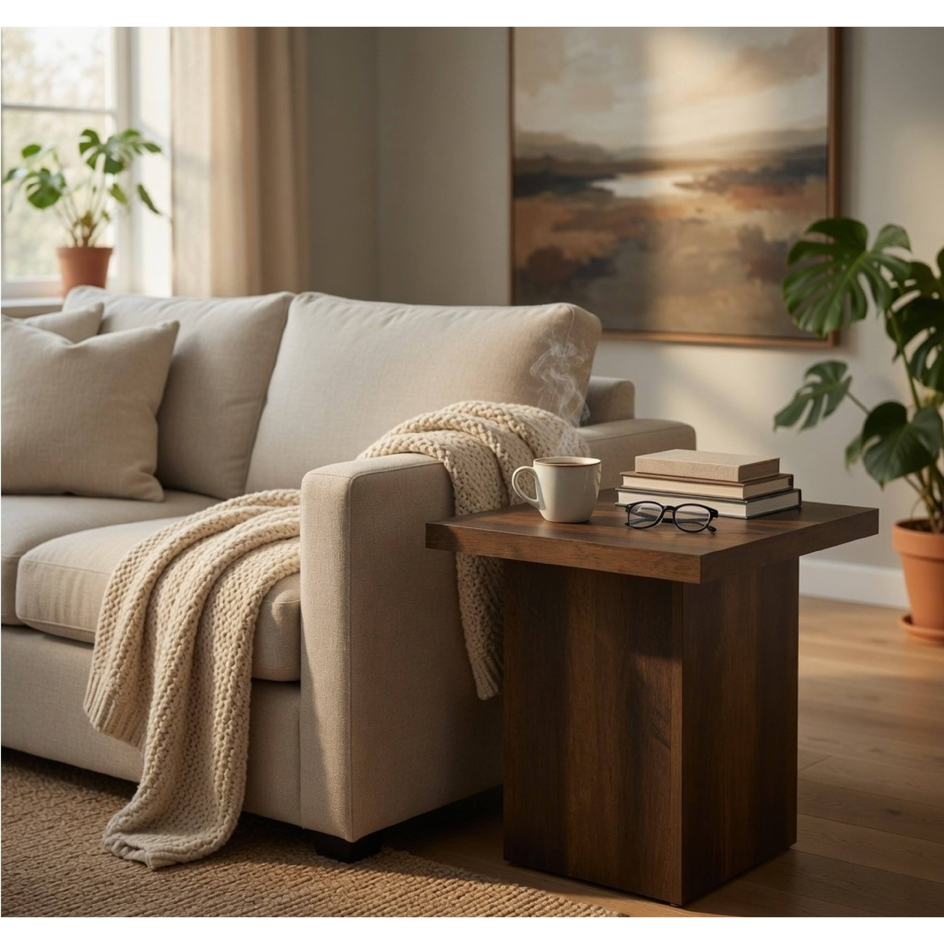 Alt View 7. Manhattan Lane - Darla Square Side-End Table, Block Style Base, Wood 24 Inch - Dark Pine Brown.