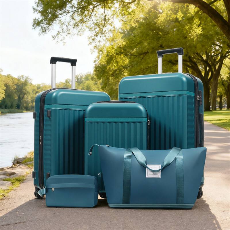 Angle. HTUTWOO - Luggage Set 5 Piece - Hardside Carry On Suitcase, Expandable Spinner Wheels, TSA Lock,Travel Bags,Lightweight Travel Set - Dark Green.
