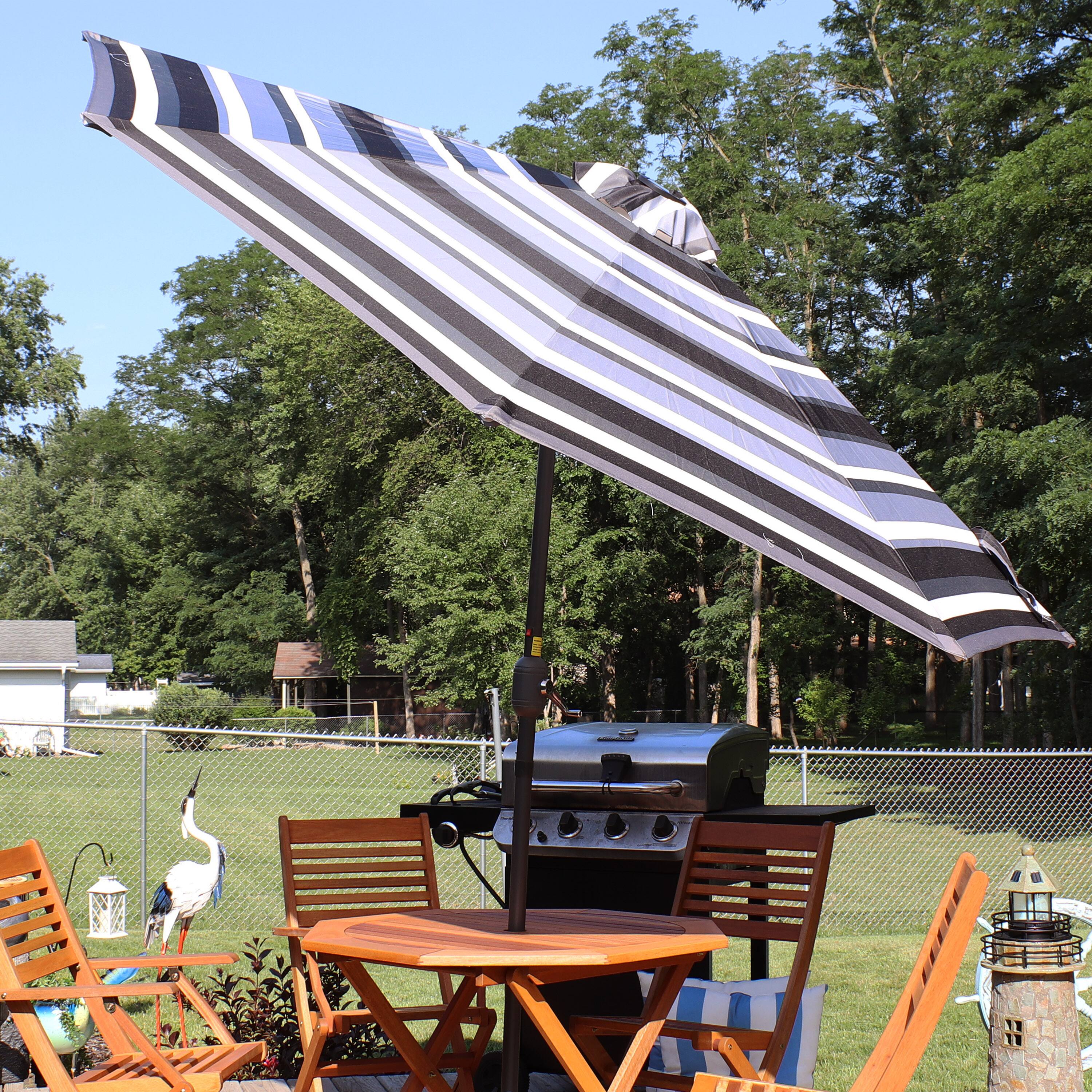 Alt View 7. Sunnydaze - 9 ft Solar Patio Umbrella with Lights, Tilt, and Crank - Catalina Beach Stripe.