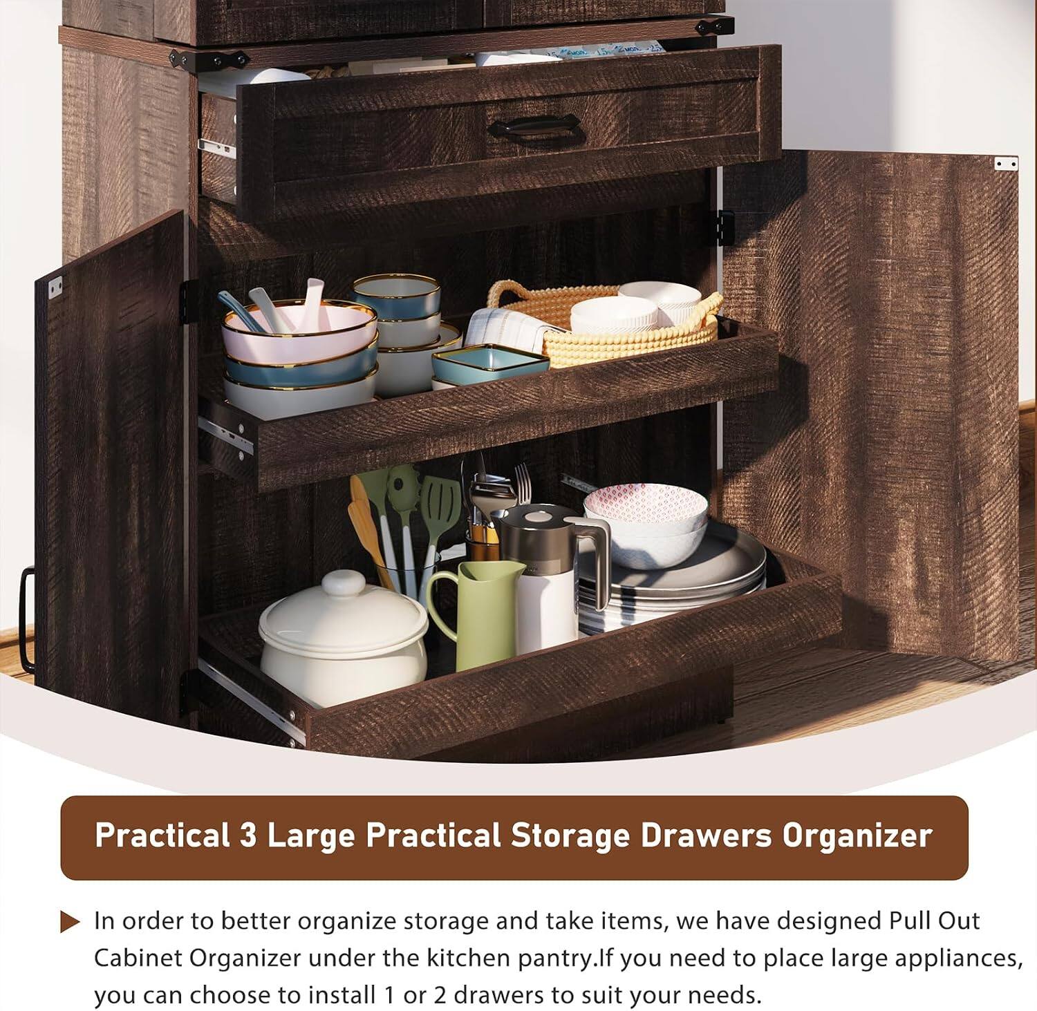 Practical 3 Large Practical Storage Drawers Organizer

In order to better organize storage and take items, we have designed Pull Out Cabinet Organizer under the kitchen pantry. If you need to place large appliances, you can choose to install 1 or 2 drawers to suit your needs.