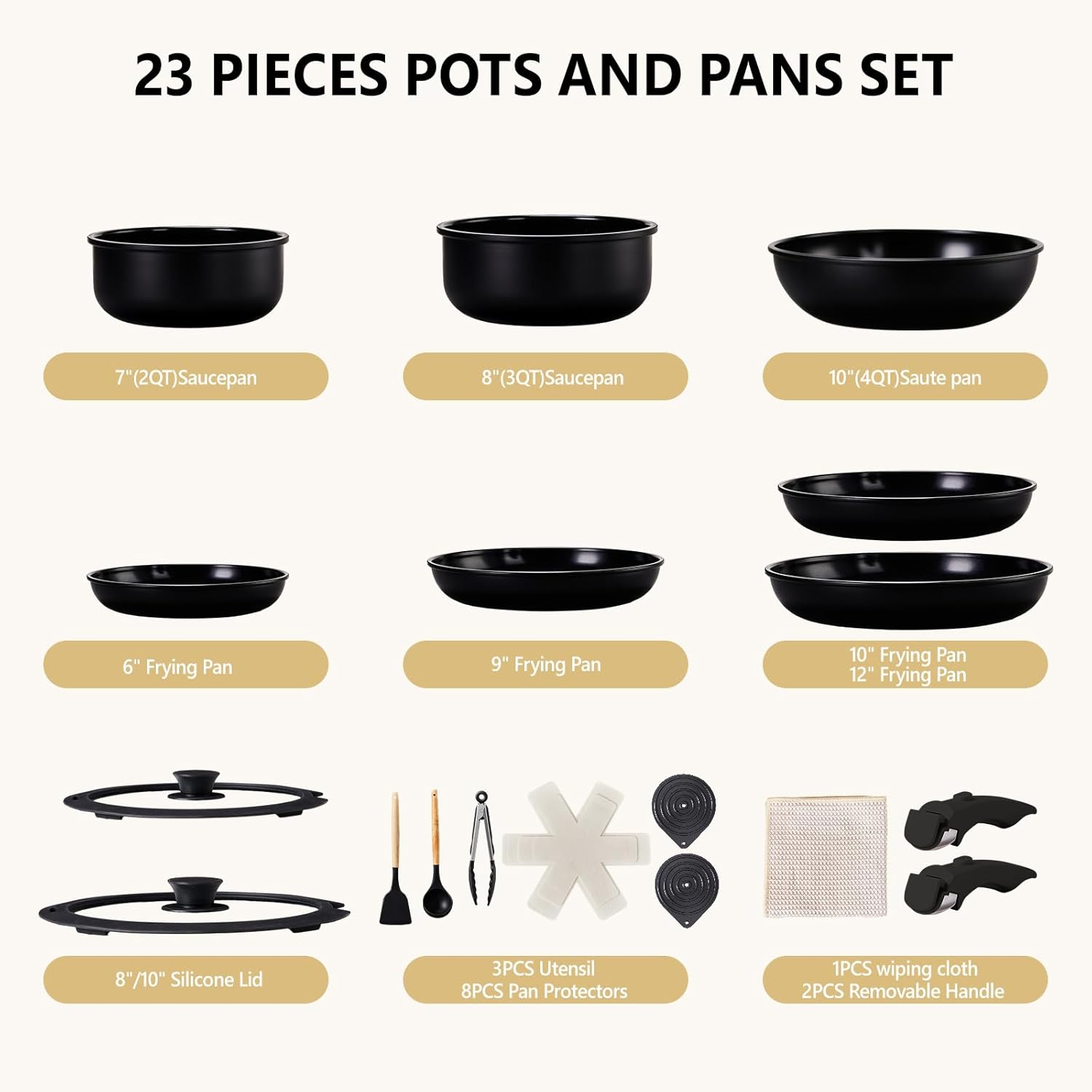 23 PIECES POTS AND PANS SET

- 7" (2QT) Saucepan
- 8" (3QT) Saucepan
- 10" (4QT) Saute pan
- 6" Frying Pan
- 9" Frying Pan
- 10" Frying Pan
- 12" Frying Pan
- 8"/10" Silicone Lid
- 3PCS Utensil
- 8PCS Pan Protectors
- 1PCS wiping cloth
- 2PCS Removable Handle