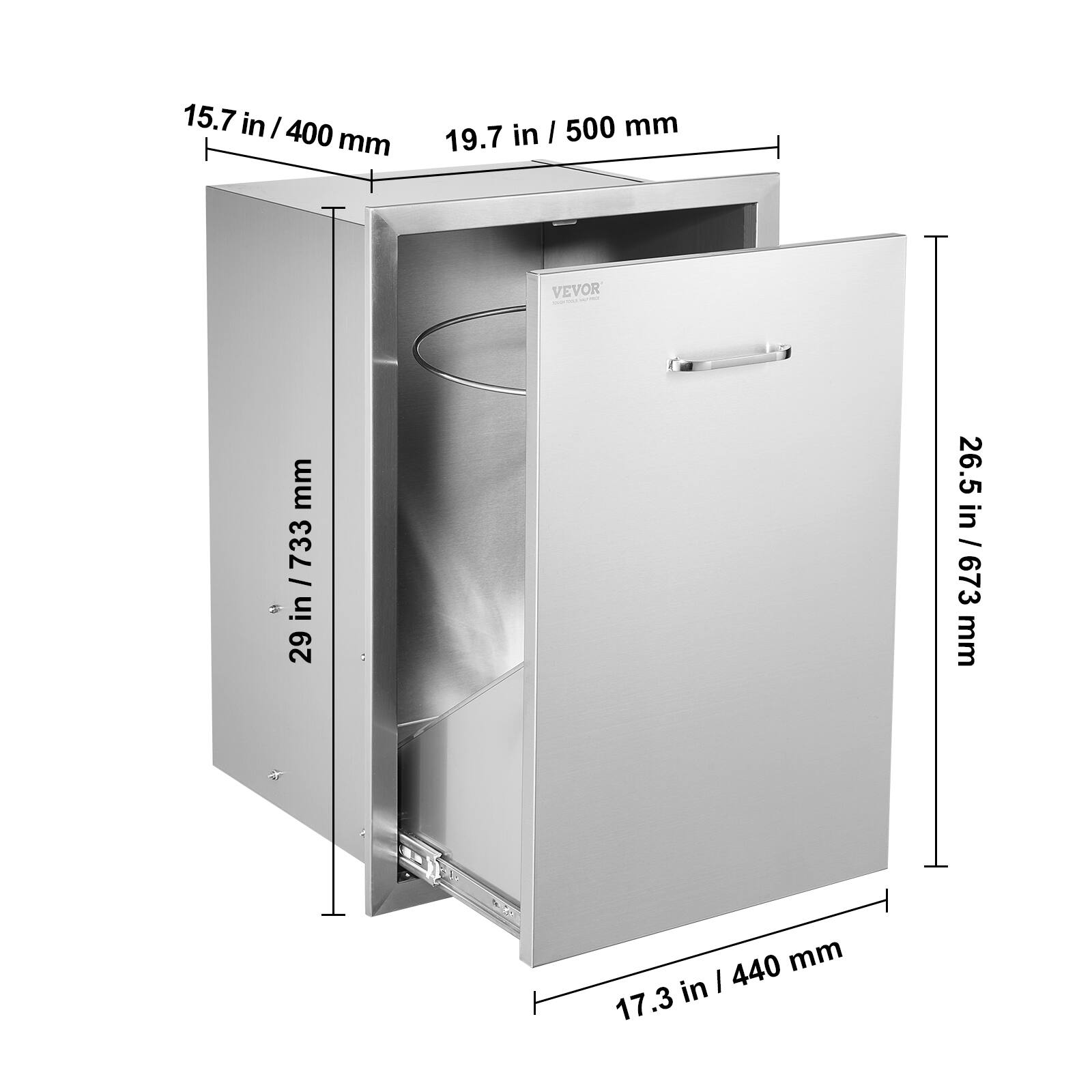 15.7 in / 400 mm  
19.7 in / 500 mm  
29 in / 733 mm  
26.5 in / 673 mm  
17.3 in / 440 mm