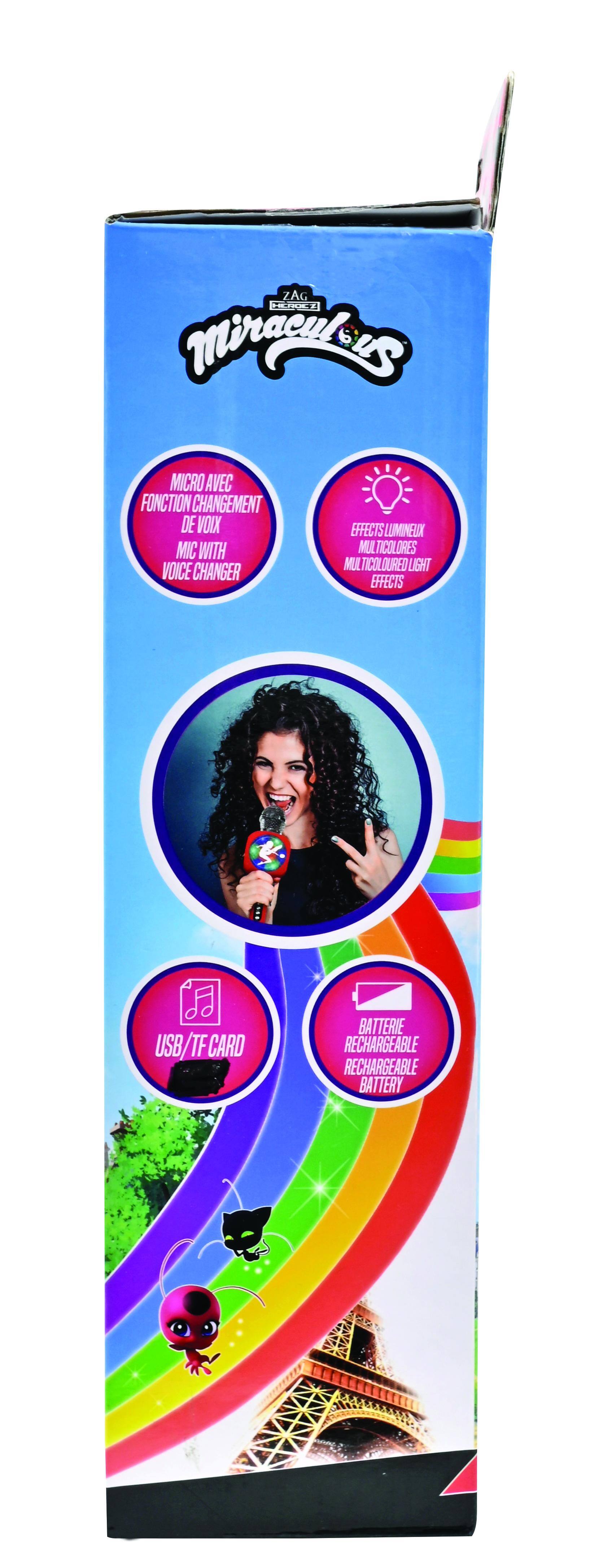 ZAG LEAGLES Miraculous MICRO AVEC FONCTION CHANGEMENT DE VOIX MIC WITH VOICE CHANGER EFFECTS LUMINEUX MULTICOLORES MULTI COLOURED LIGHT EFFECTS USB/TF CARD USB/TFCARD BATTERIE RECHARGEABLE RECHARGEABLE BATTERY