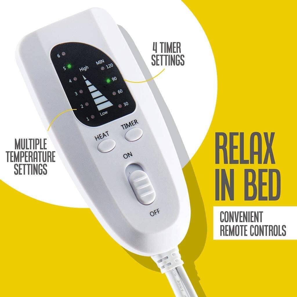 - 4 TIMER SETTINGS
- MULTIPLE TEMPERATURE SETTINGS
- RELAX IN BED
- CONVENIENT REMOTE CONTROLS
