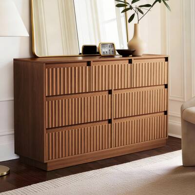 Koligey - 7-Drawer Dresser 47"W Double Dresser With Waveform Fluted Panel - Brown Koligey - 7-Drawer Dresser 47"W Double Dresser With Waveform Fluted Panel - Brown