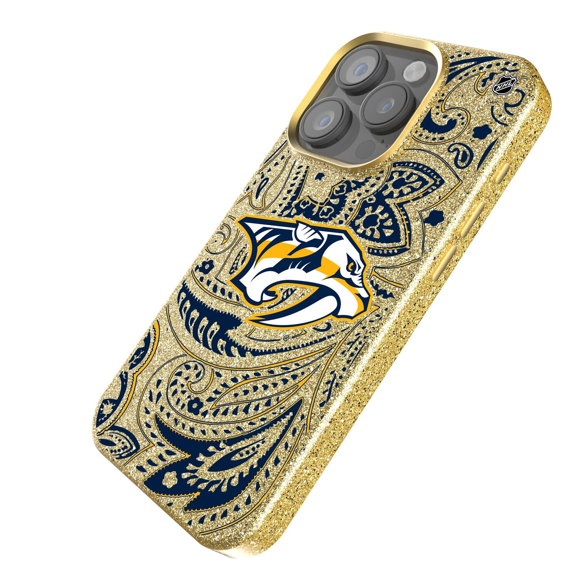 Alt View 1. Keyscaper - Gold Nashville Predators Paisley Bling iPhone Case - 14 Pro - Gold.