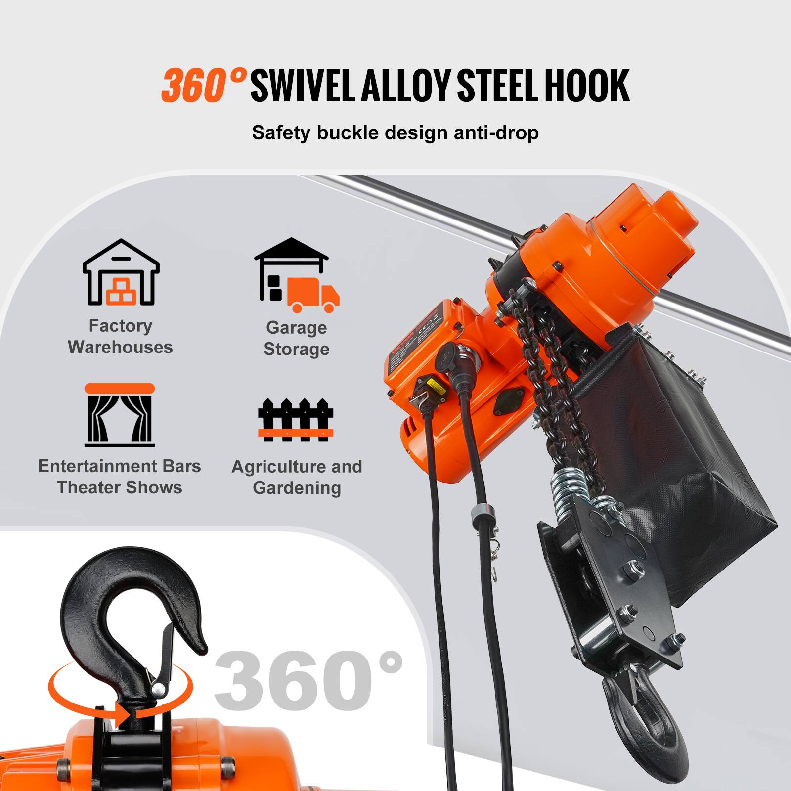 360° SWIVEL ALLOY STEEL HOOK  
Safety buckle design anti-drop  

Factory Warehouses  
Garage Storage  
Entertainment Bars  
Agriculture and Theater Shows  
Gardening