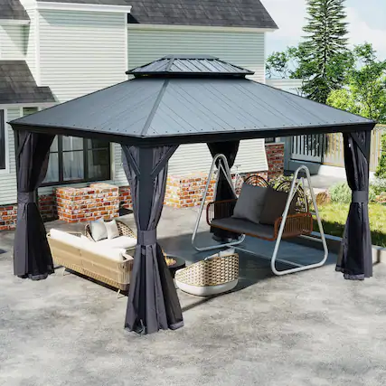 Front. Mondawe - 12x16 Metal Gazebo With Resin Roof ,Curtains and Mosquito Netting Included - Dark Gray.