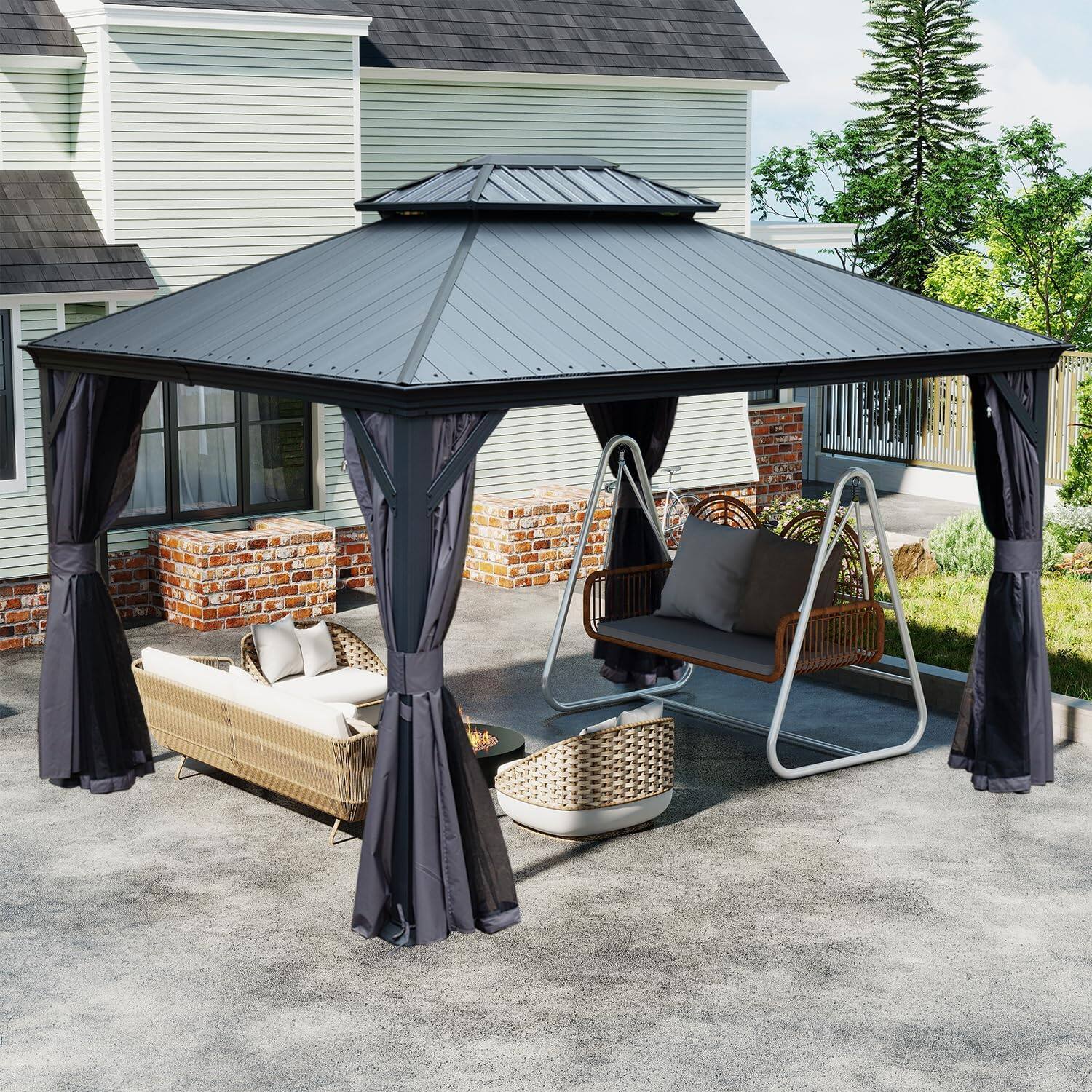 Front. Mondawe - 12x16 Metal Gazebo With Resin Roof ,Curtains and Mosquito Netting Included - Dark Gray.