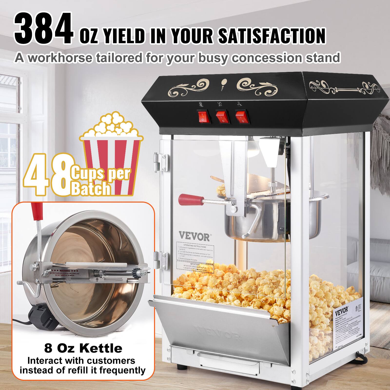 384 oz yield in your satisfaction  
A workhorse tailored for your busy concession stand  

48 Cups per Batch  

8 oz Kettle  
Interact with customers instead of refill it frequently