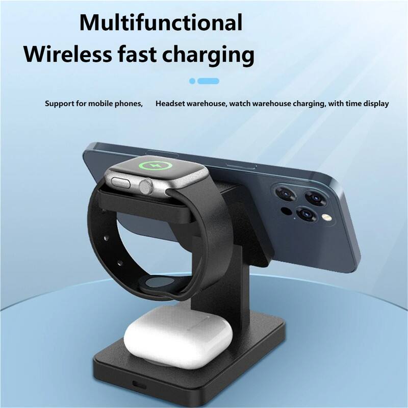 Multifunctional Wireless fast charging

Support for mobile phones, Headset warehouse, watch warehouse charging, with time display