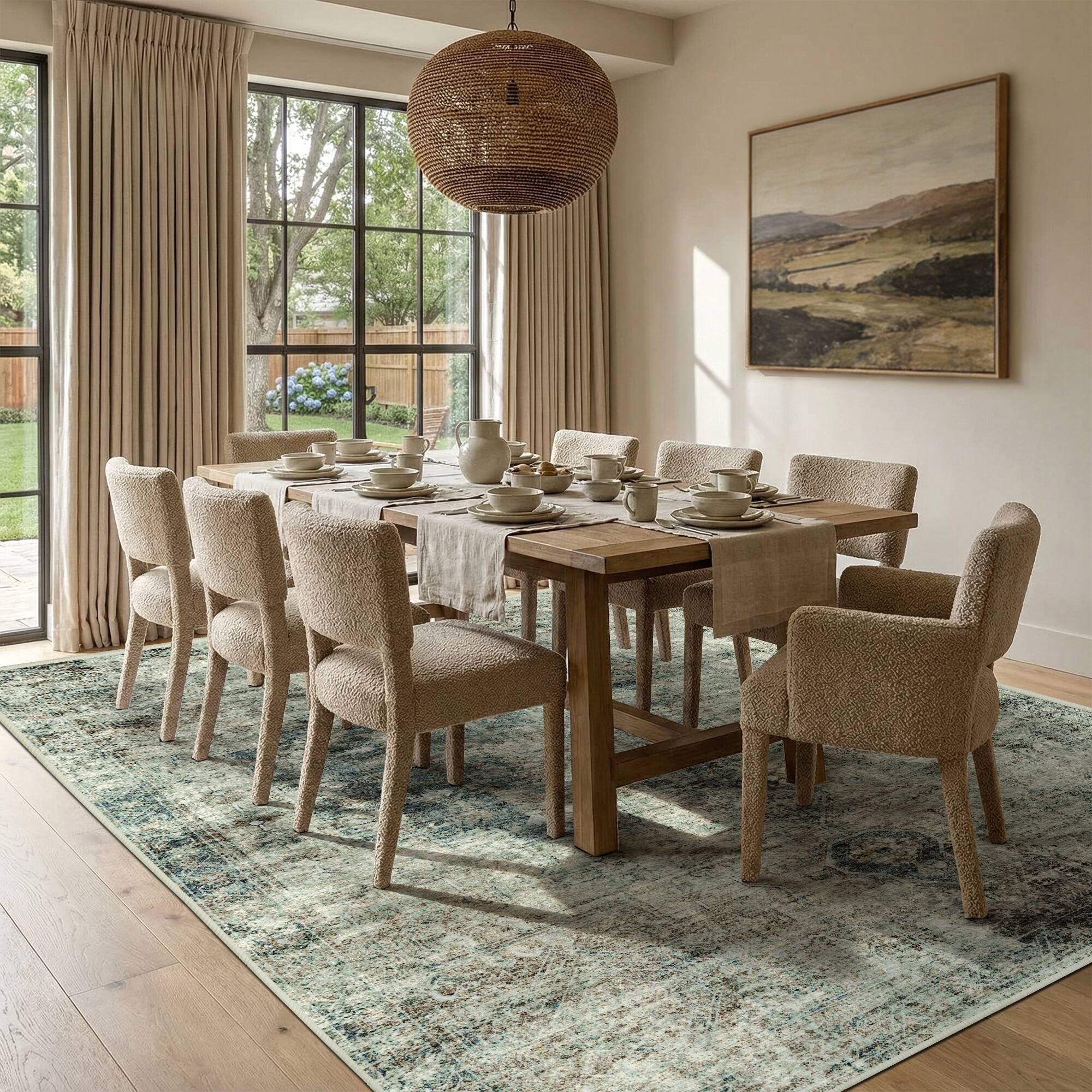 Alt View 2. KERDOM - 5x7 Vintage Boho Medallion Area Rug, Machine Washable, Non Slip Back Low Pile, Large Living Room Bedroom Dining Room Rug - Moss Green.