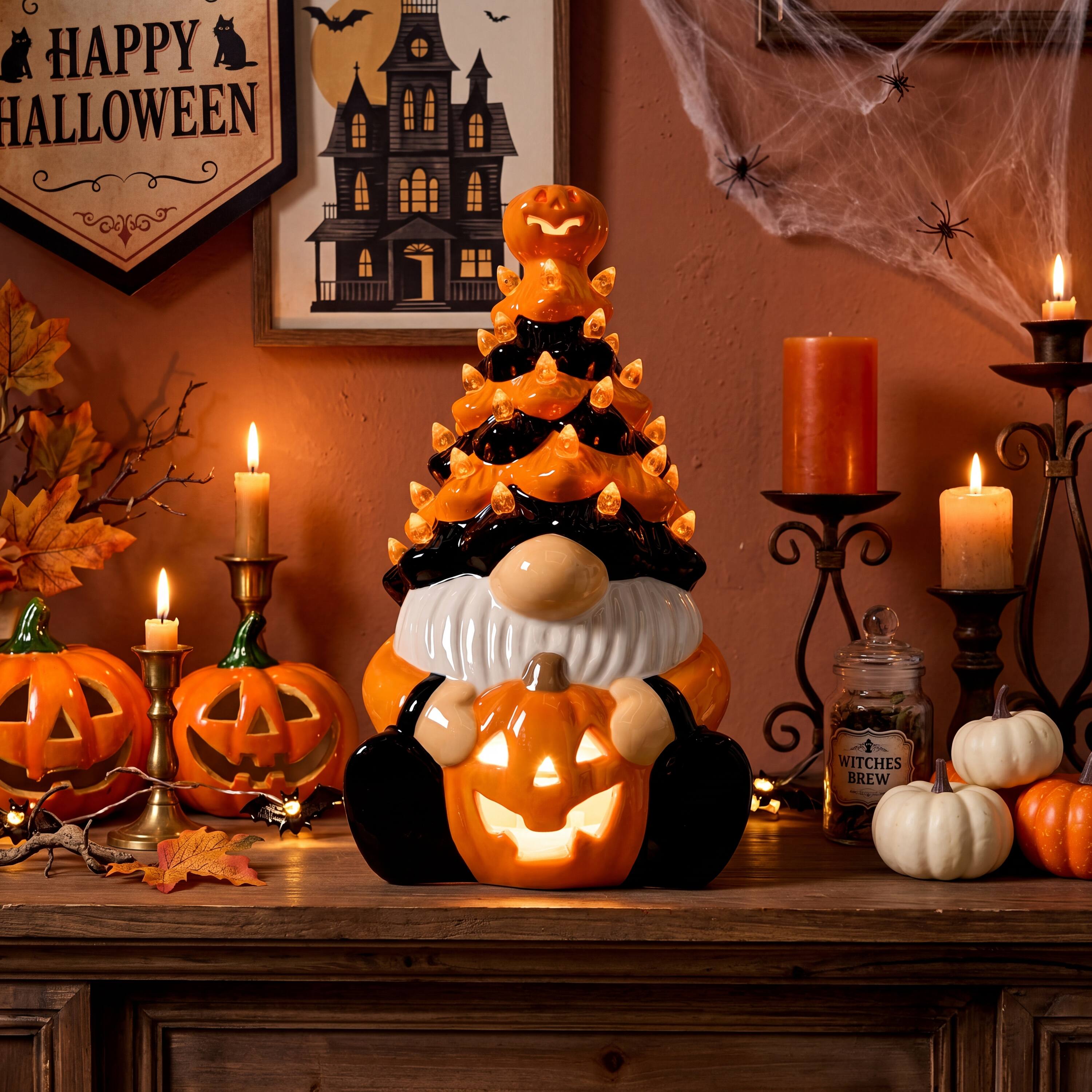 Joyfy - 8.5'' Tall Halloween Tabletop Tree Decoration, Pumpkin Gnome Ceramic Tree with Built-in LEDs for Halloween Indoor Decor - Multicolor