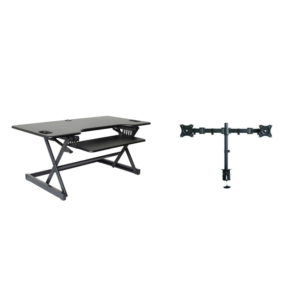 Rocelco - 46" Large Height Adjustable Standing Desk Converter with Double Monitor Mount BUNDLE, Retractable Keyboard Tray - Black
