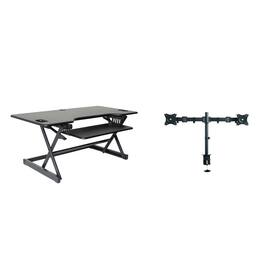 Rocelco - 46" Large Height Adjustable Standing Desk Converter with Double Monitor Mount BUNDLE, Retractable Keyboard Tray - Black