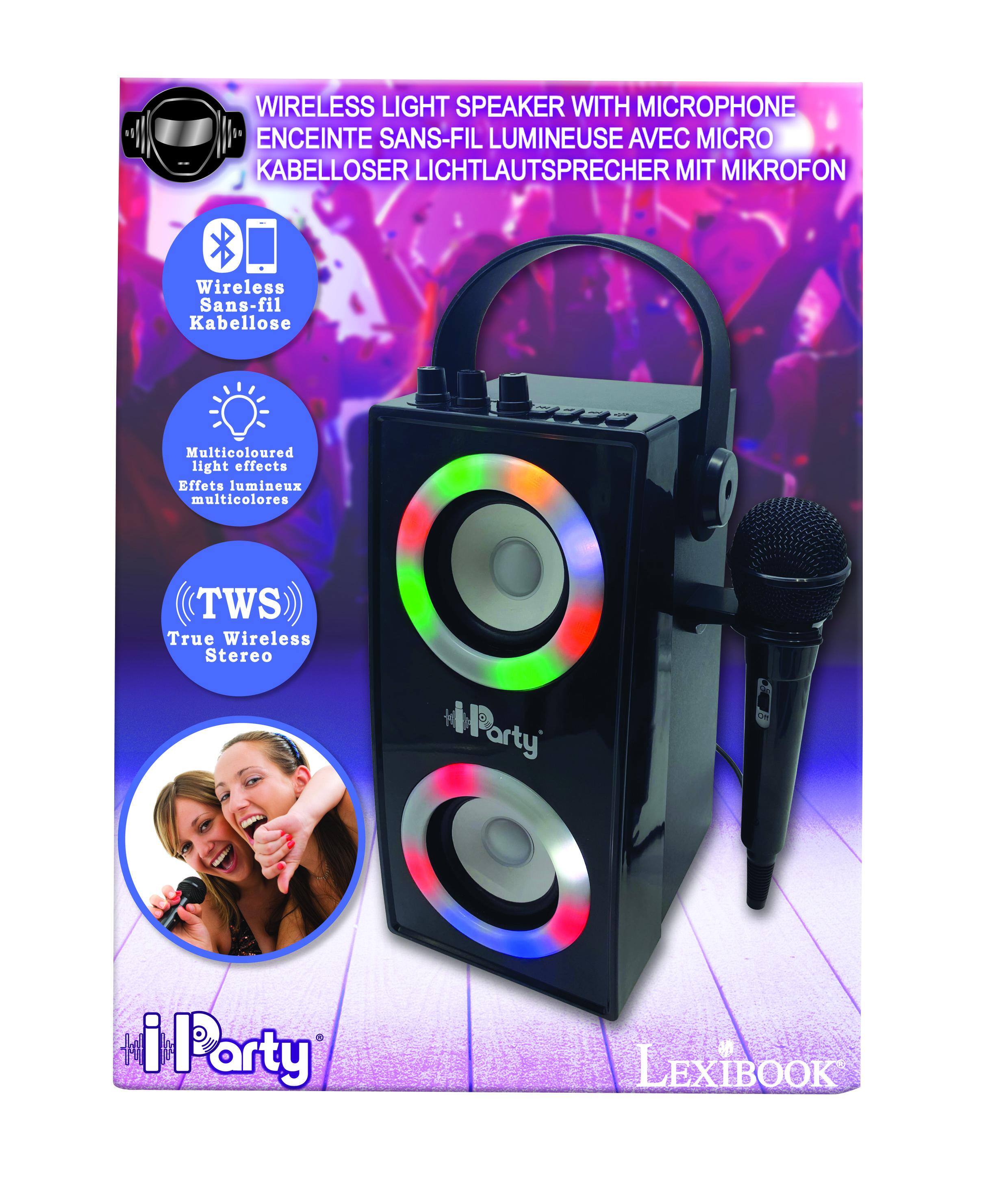 WIRELESS LIGHT SPEAKER WITH MICROPHONE  
ENCEINTE SANS-FIL LUMINEUSE AVEC MICRO  
KABELLOSER LICHTLAUTSPRECHER MIT MIKROFON  

Wireless Sans-fil Kabellose  
Multicoloured light effects Effets lumineux multicolores  
TWS True Wireless Stereo  

iParty  
LEXIBOOK