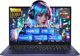 NIMO - 17.3" IPS FHD-Gaming-Laptop, 8 Cores AMD Ryzen 7 6800H 16GB DDR5 RAM 2TB SSD 4.7GHz Fingerprint 100W - Blue