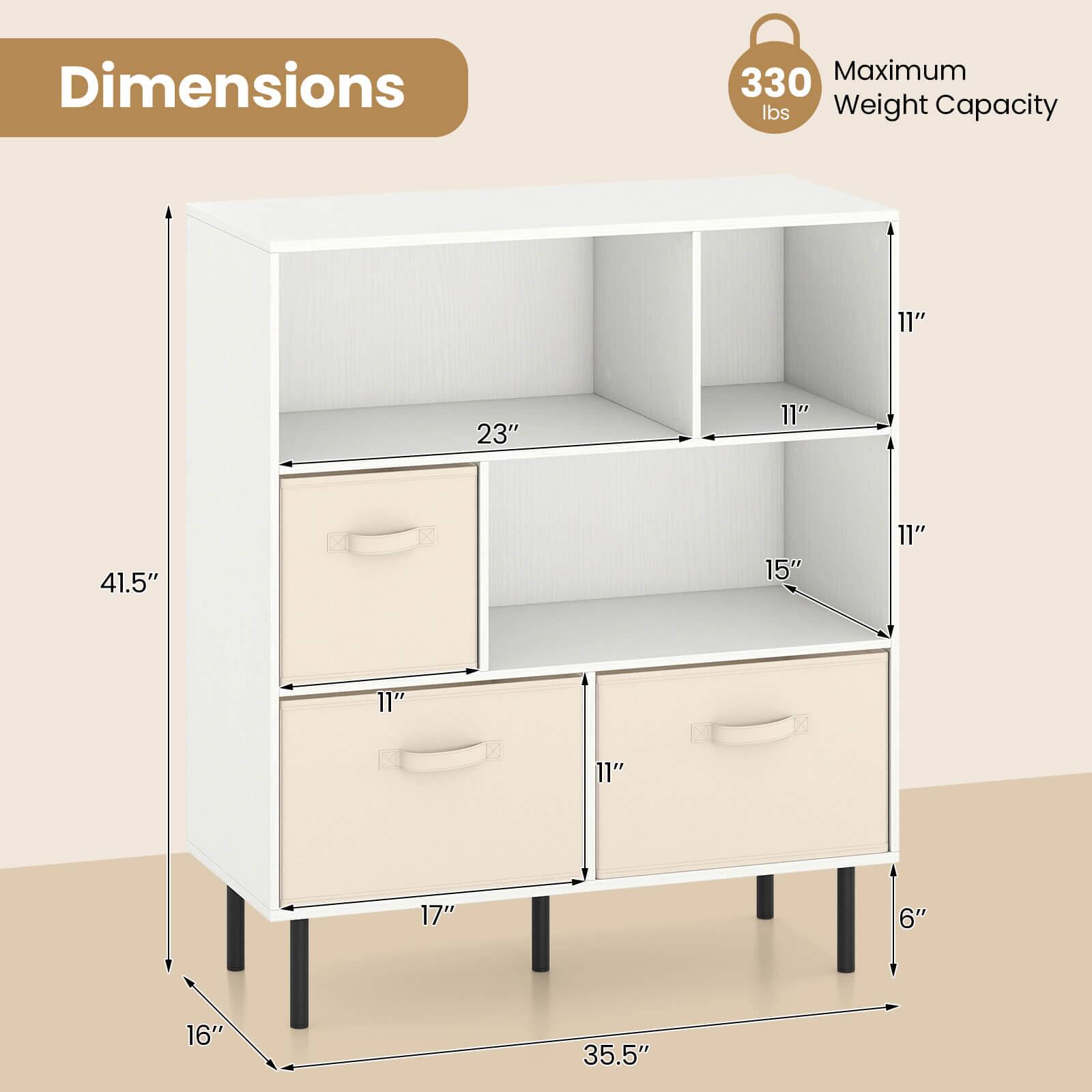 Dimensions  
Maximum Weight Capacity: 330 lbs  
Height: 41.5"  
Width: 35.5"  
Depth: 16"  
Shelf Dimensions: 23" x 15" x 11"  
Drawer Dimensions: 17" x 11" x 6"