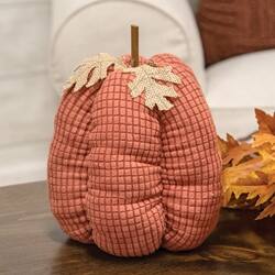 Angle. BreeBe - Stuffed Orange Waffle Weave Pumpkin w/Burlap Leaves - 9"H - Orange.