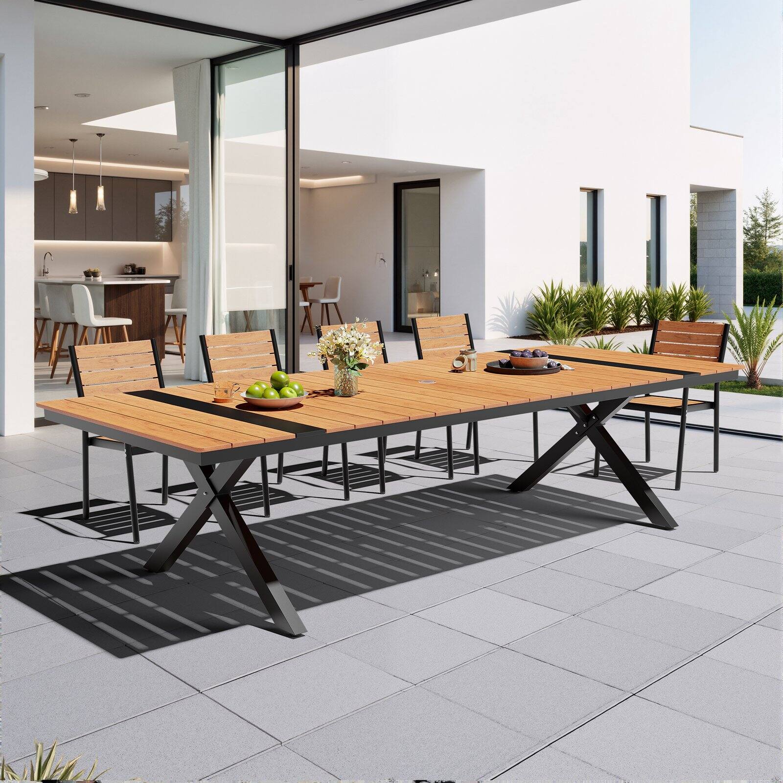 Alt View 5. Crestlive Products - Crestlive Products Outdoor Aluminum Patio Dining Table with Umbrella Hole Waterproof Wood-Like Tabletop - Brown.