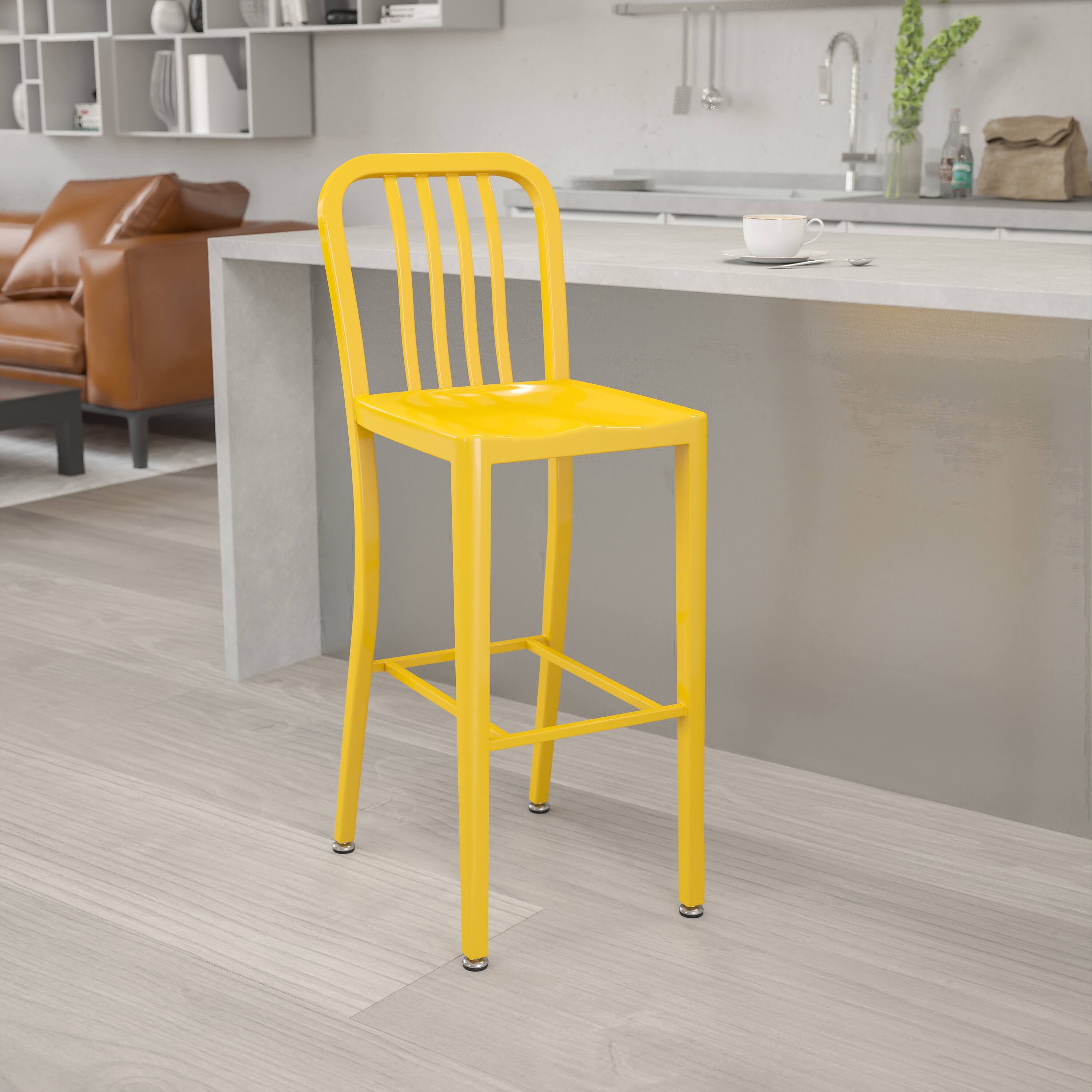 Alt View 1. Emma + Oliver - Commercial Grade 30"H Colorful Metal Indoor-Outdoor Vertical Slat Back Barstool - Yellow.