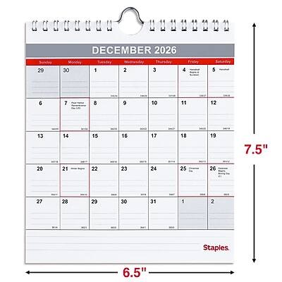 Sure, here is the corrected and grouped text from the image:

---

**DECEMBER 2026**

**Sunday** 29  
**Monday** 30  
**Tuesday** 1  
**Wednesday** 2  
**Thursday** 3  
**Friday** 4  
**Saturday** 5  

6  
7  
8  
9  
10  
11  
12  

13  
14  
15  
16  
17  
18  
19  

20  
21  
22  
23  
24  
25  
26  

27  
28  
29  
30  
31  
1  
2  

**Staples**  

---

**Dimensions:**  
- Height: 7.5"  
- Width: 6.5"  

---