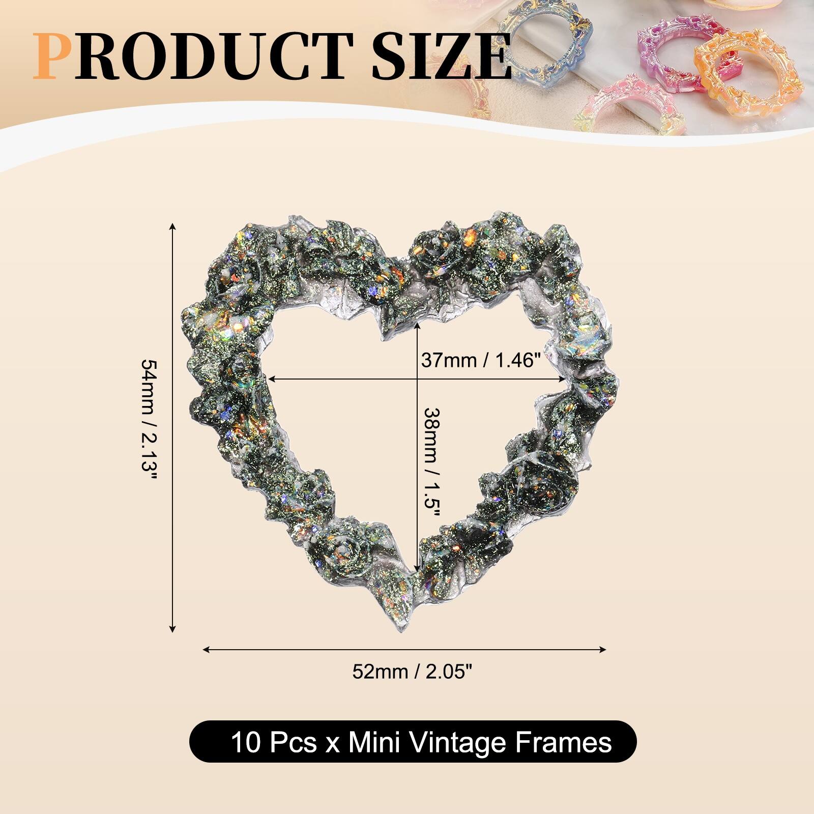 PRODUCT SIZE

42.66 54mm / 2.13"  
37mm / 1.46"  
38mm / 1.5"  
52mm / 2.05"  

10 Pcs x Mini Vintage Frames