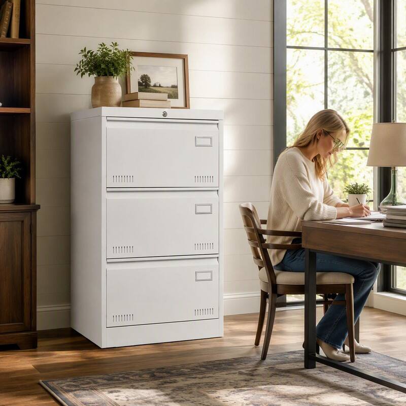 Back. RYHNUYNE - Filing Cabinet Lateral File Cabinet 3 Drawer White Locking Metal  Office Cabinet.