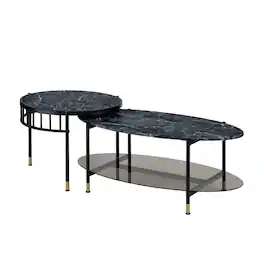 Manhattan Lane - 40 Inch 2 Piece Nesting Coffee Table, Faux Marble Top, Glass Shelf - Black