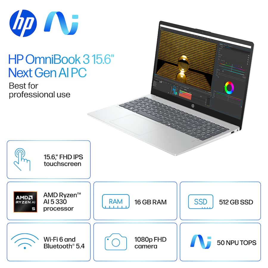 HP OmniBook 3 15.6" Next Gen AI PC  
Best for professional use  

- 15.6" FHD IPS touchscreen  
- AMD Ryzen™ AI 5 330 processor  
- 16 GB RAM  
- 512 GB SSD  
- Wi-Fi 6 and Bluetooth 5.4  
- 1080p FHD camera  
- 50 NPU TOPS
