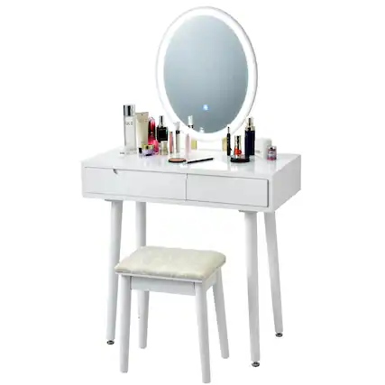 Front. Costway - Costway Vanity Makeup Table Touch Screen 3 Lighting Modes Dressing Table Stool Set - White.
