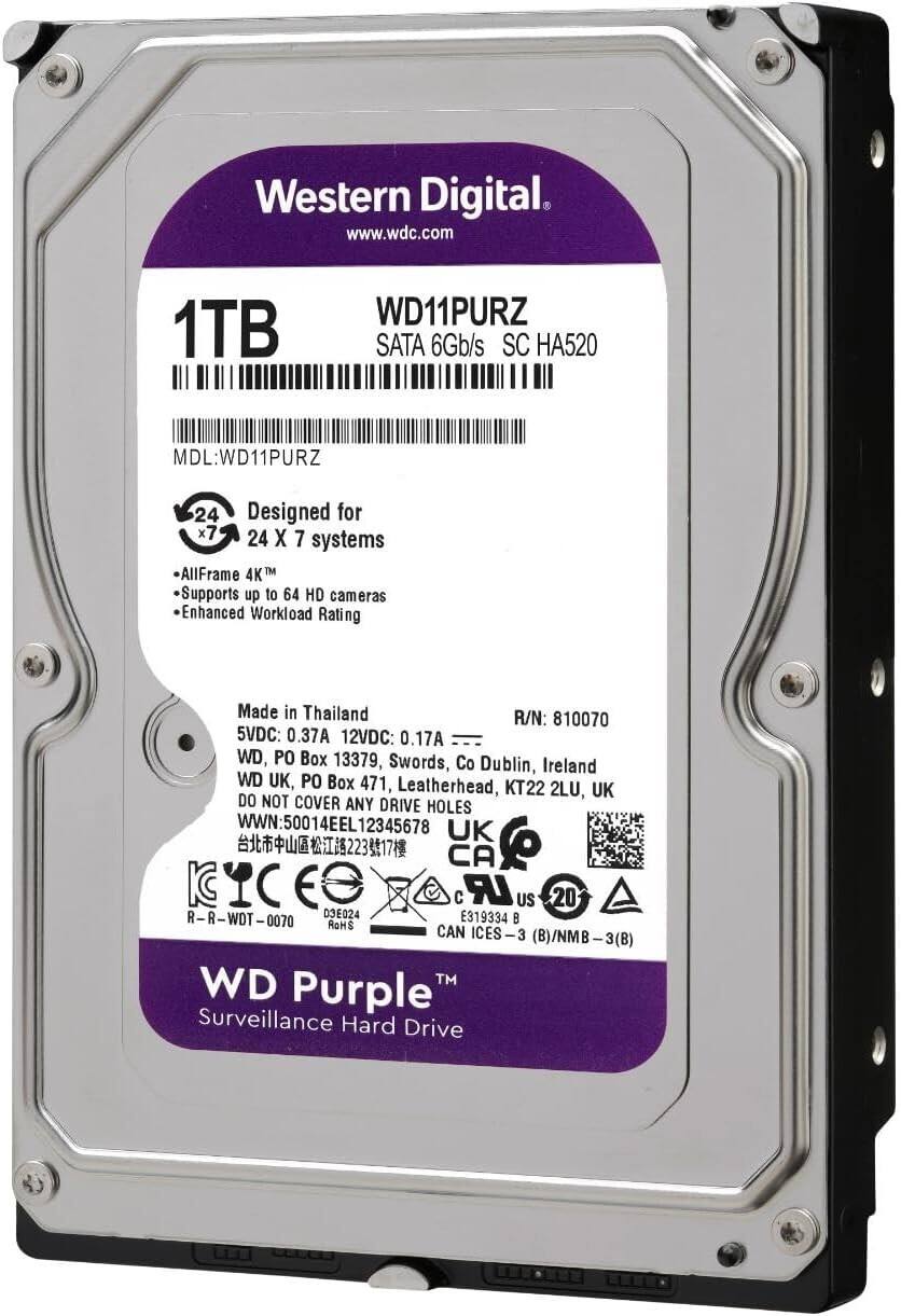 Western Digital  
www.wdc.com  

1TB WD11PURZ  
SATA 6Gb/s SC HA520  
MDL: WD11PURZ  

Designed for 24 x 7 systems  
- AllFrame 4K™  
- Supports up to 64 HD cameras  
- Enhanced Workload Rating  

Made in Thailand  
5VDC: 0.37A  
12VDC: 0.17A  

WD, PO Box 13379, Swords, Co Dublin, Ireland  
WD UK, PO Box 471, Leatherhead, KT22 2LU, UK  

DO NOT COVER ANY DRIVE HOLES  

R/N: 810070  

WWN: 50014EEL12345678  

WD Purple™ Surveillance Hard Drive  

E319334 B  
CAN ICES-3 (B)/NMB-3 (B)  

RoHS  

US 20  

UK CA KIC E C LR US 20 - WOT D3E024 E319334 9 - 0070