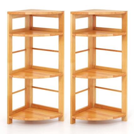 Front. Gymax - Gymax 2PCS 4-Tier Corner Shelf w/ Rubber Wood Frame Anti-Toppling Kit for Living Room - Natural.