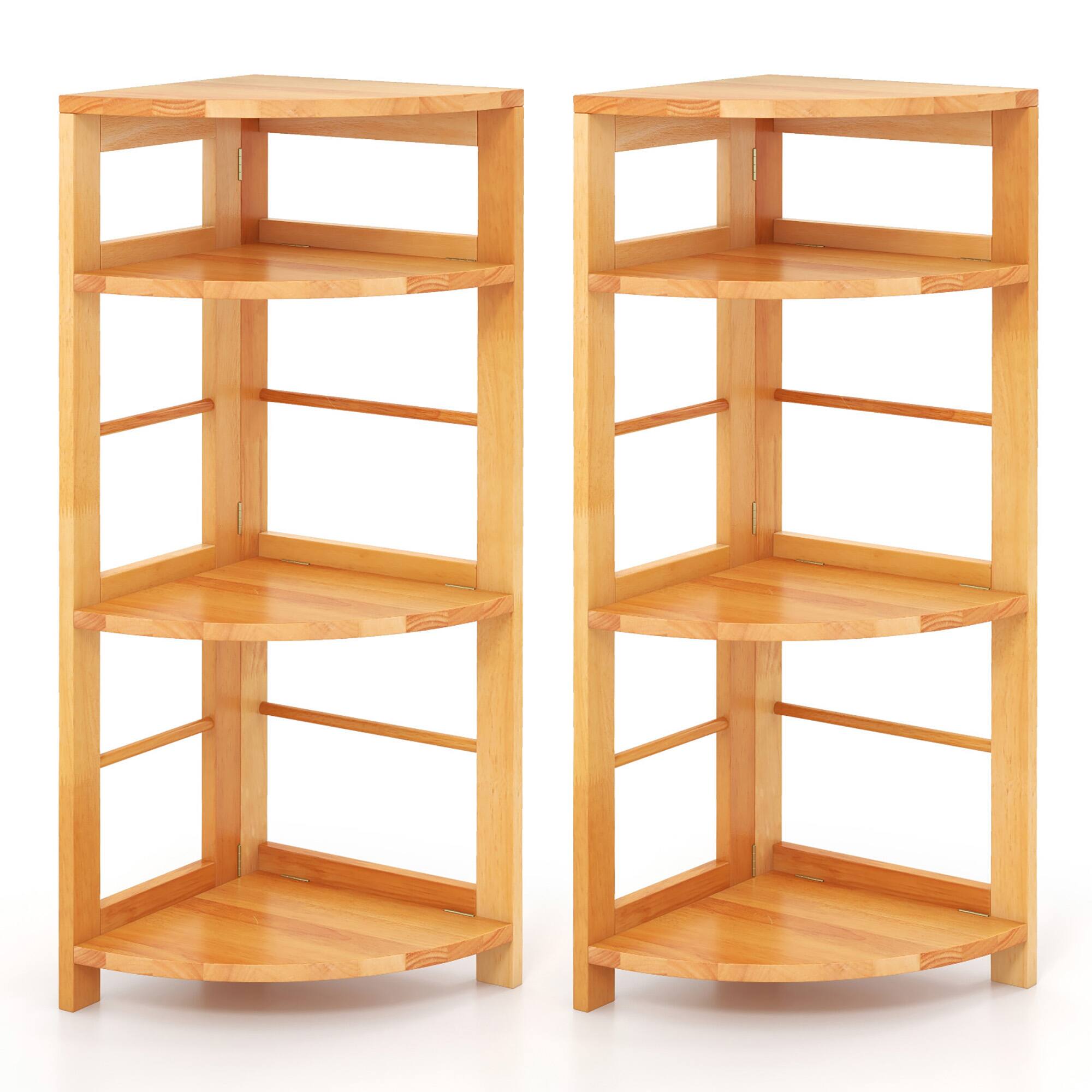 Front. Gymax - Gymax 2PCS 4-Tier Corner Shelf w/ Rubber Wood Frame Anti-Toppling Kit for Living Room - Natural.